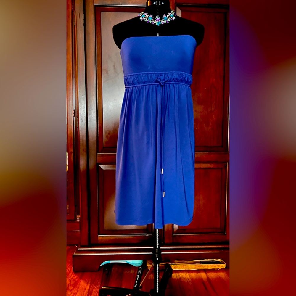 Rich royal blue colored cotton, strapless dress, drawstring at waistline
